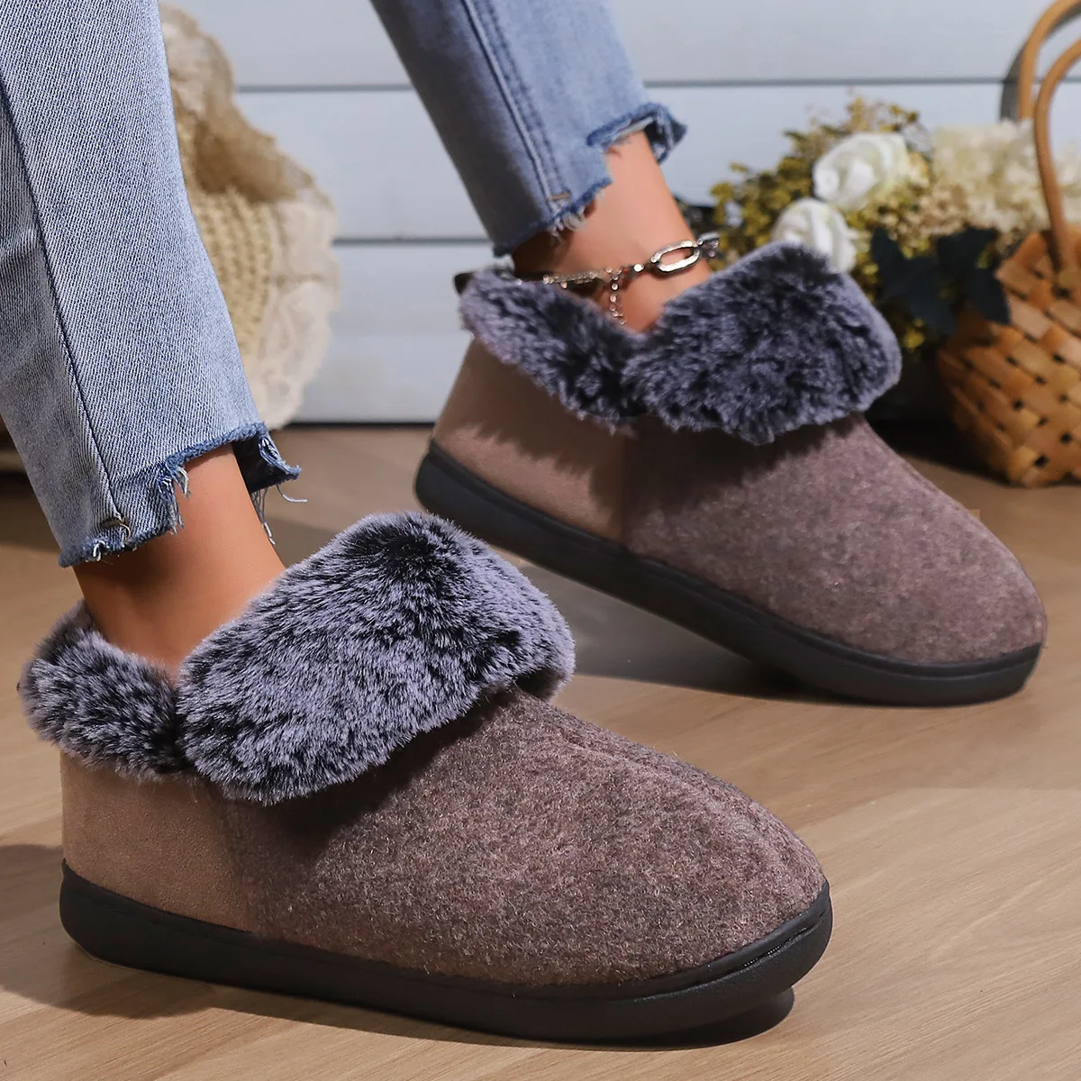 Asgard 2024 Fashion Plush Slippers For Men Winter Outdoor Warm Anti-slip Fur Fluffy Slippers Women Soft Cozy Home Cotton Shoes