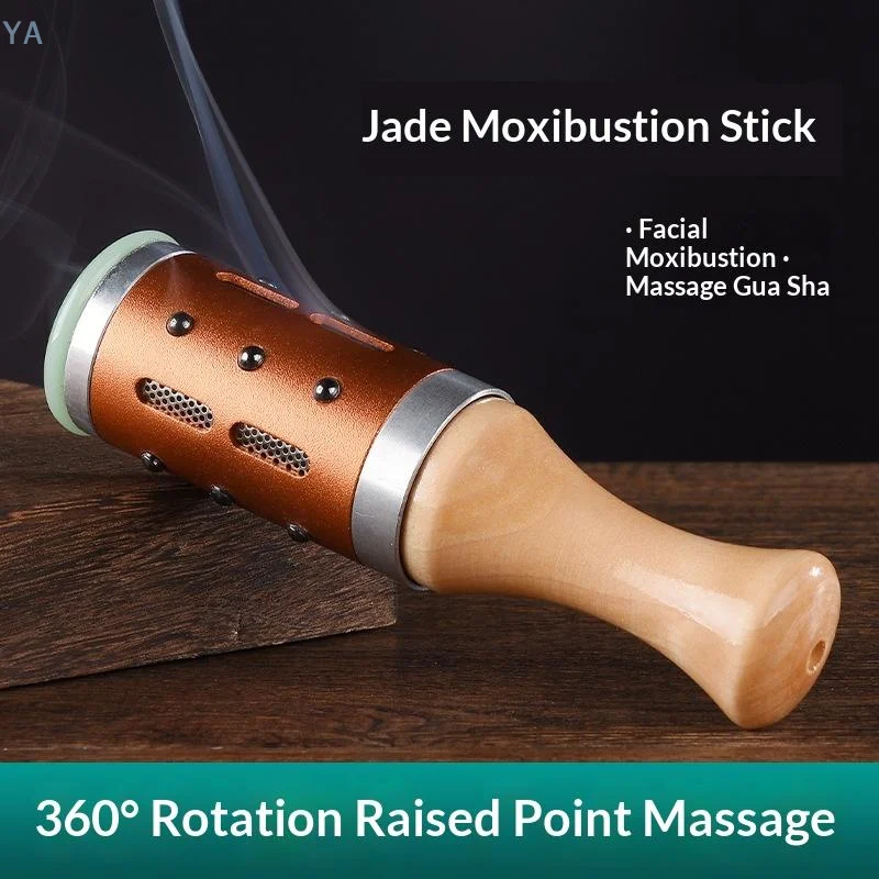 【AN】1 Set Jade Moxibustion Stick With 360 Rotation Raised Point Massage And Gua Sha Function For Facial Skincare Home Spa Relaxa