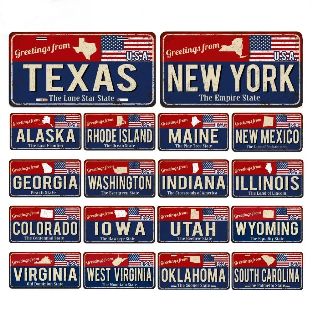 Vintage Texas Florida Utah Rusty Metal Sign With American Flag Decorative Car Front License Plate Novelty Metal Car Plate Tag