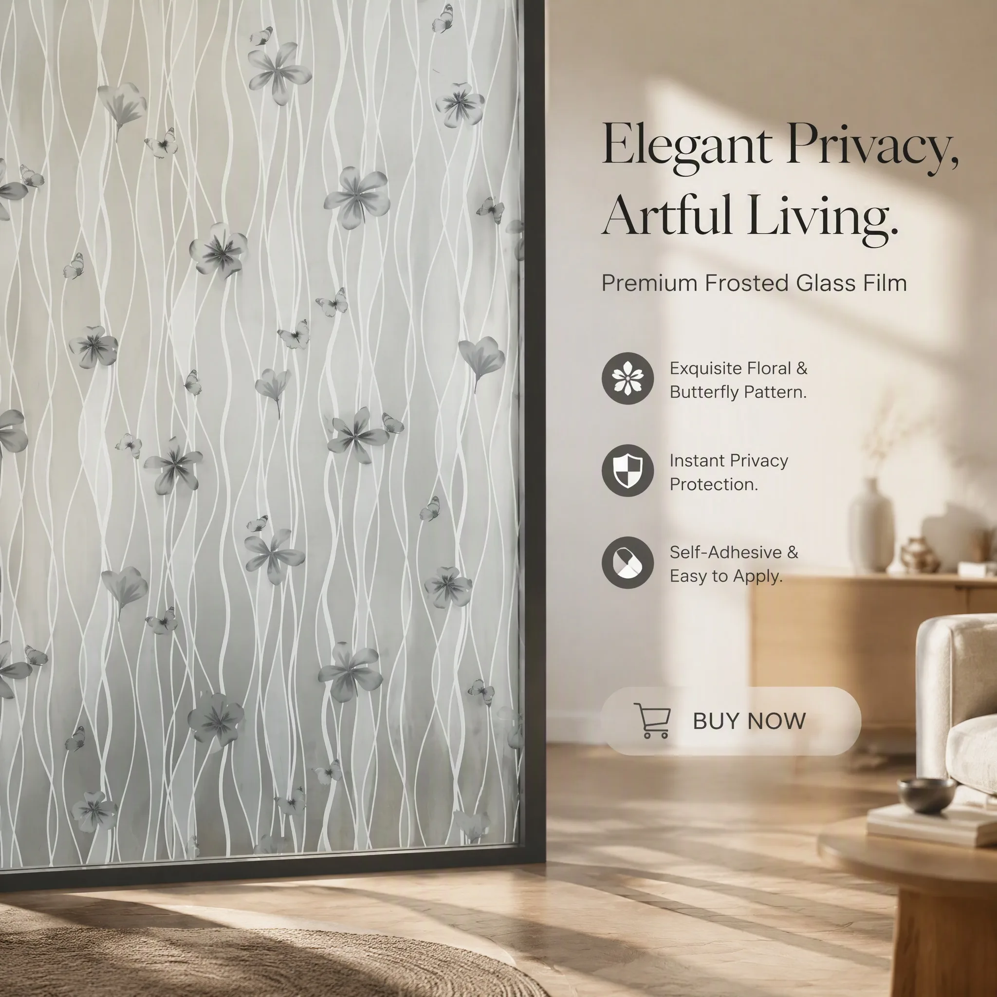 Minimalist Grey Wave Floral Butterfly Privacy Window Film Soft Light Filter with Built-in Adhesive Cuttable Modern Neutral PVC