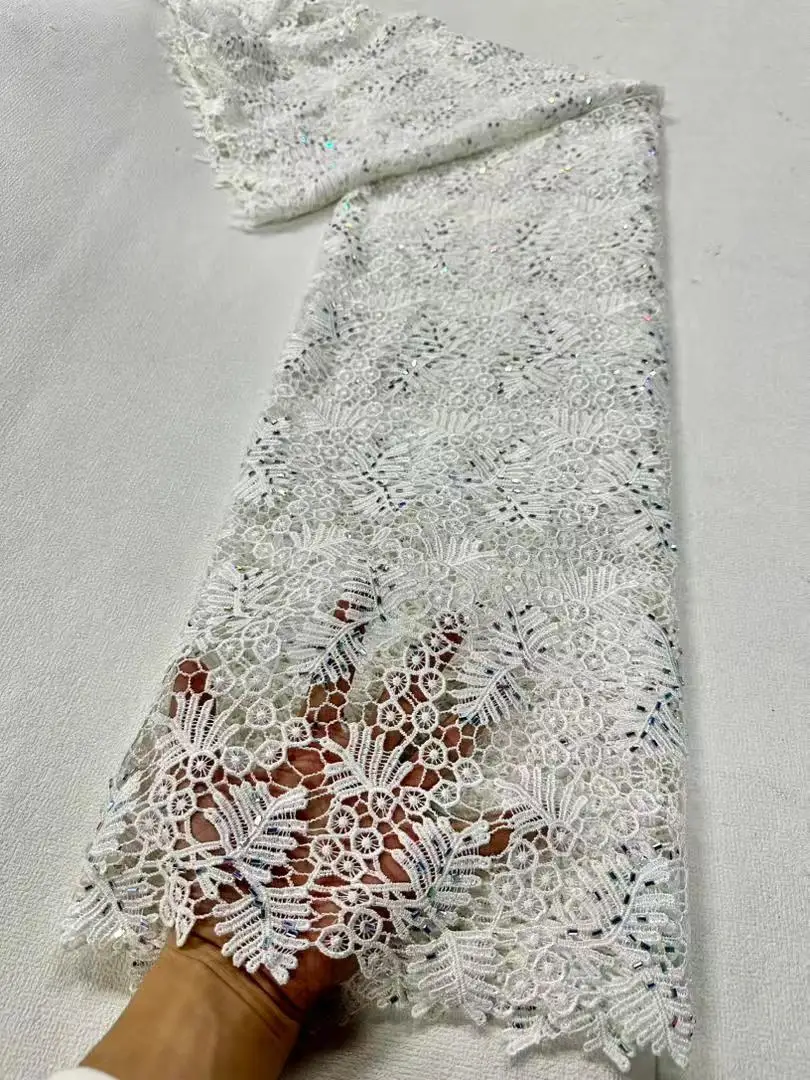 

2026 African Nigerian High Quality Embroidery Lace Fabric Water Soluble Tulle Wedding Party Dress Guipure Sequins 5Yards H104-1