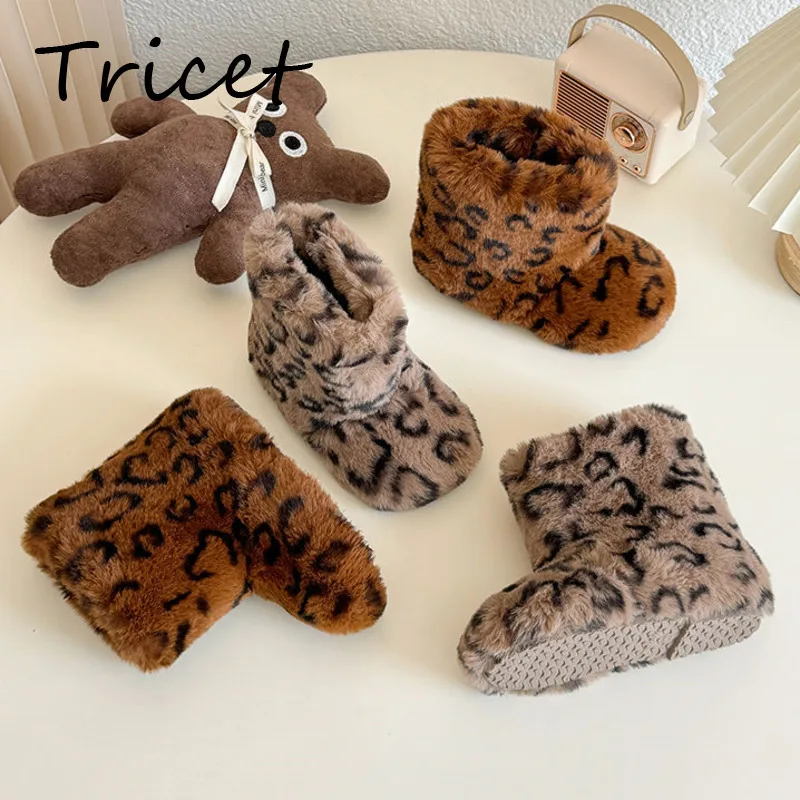 Leopard Pattern Girls Fashion Boots Winter Faux Fur Slip On Kids Boots Soft Plush Warm Non Slip Toddler Children Ankle Shoes