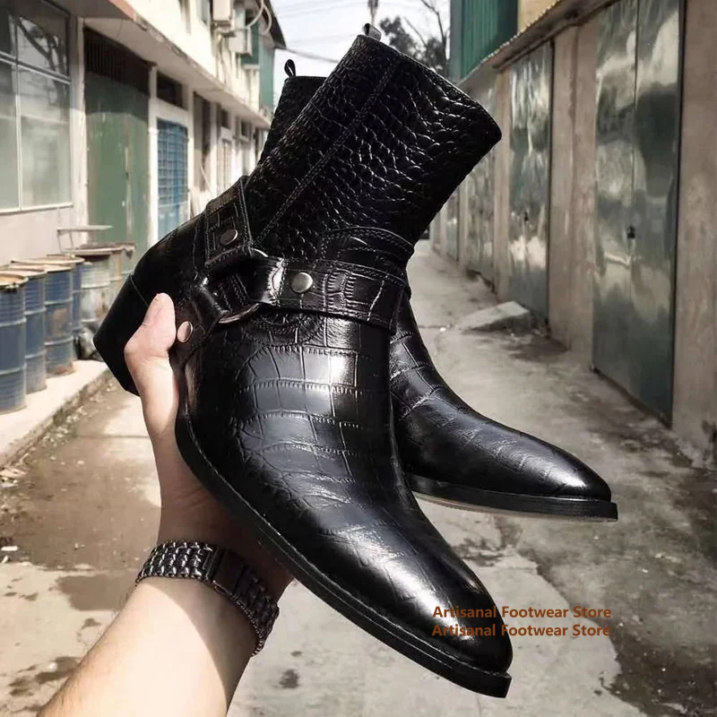 

Metal Rings Chelsea Boots Black Crocodile Pattern Side Zipper Men Booties British Style Heightened Handmade Boots Men's Shoes