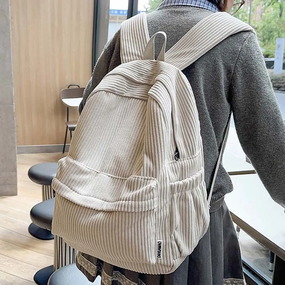 Lightweight Corduroy Backpack Japanese Style Portable Solid Color School Bag Large Capacity Adjustable Casual Students Daypack