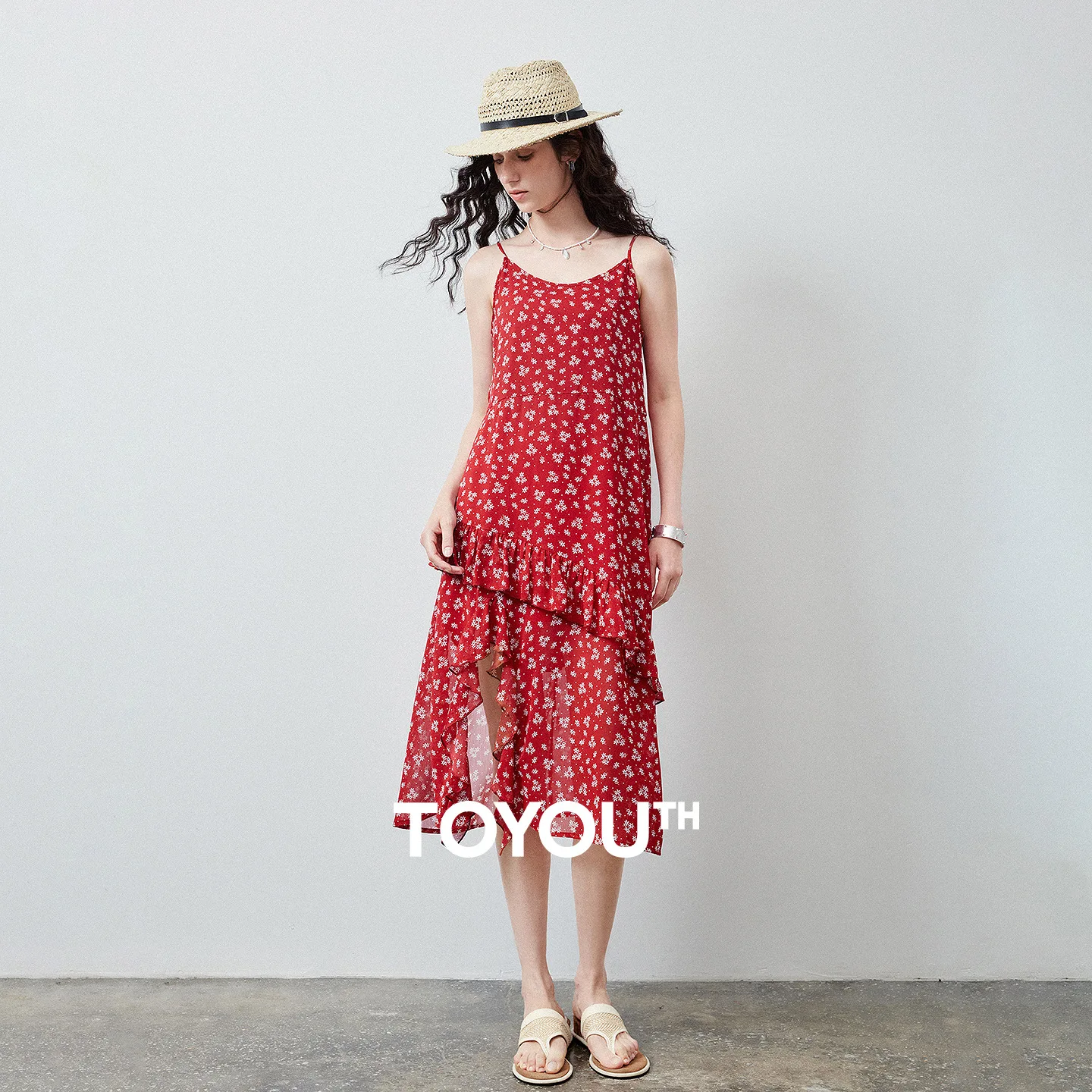 

TOYOUTH Women Chiffon Slip Dress Summer 2026 Red Floral High Slit Ruffle Hem Sleeveless Lightweight Flowy Romantic Vintage Style