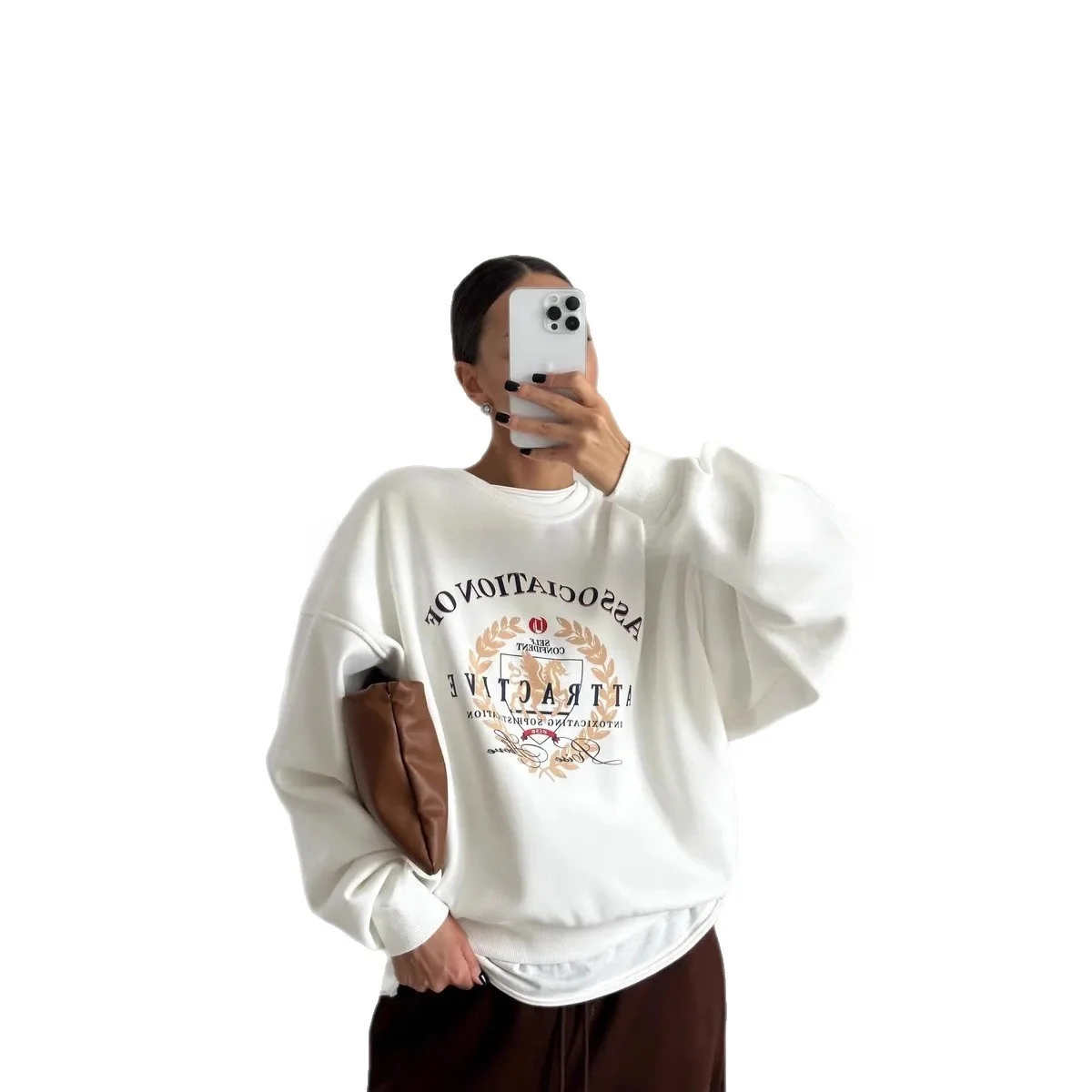 Bedrukt Veelzijdig Vlees Verhullend Straattrend voor Dames Chique Verdikt Sweatshirt met Ronde Hals Retro Amerikaanse Stijl