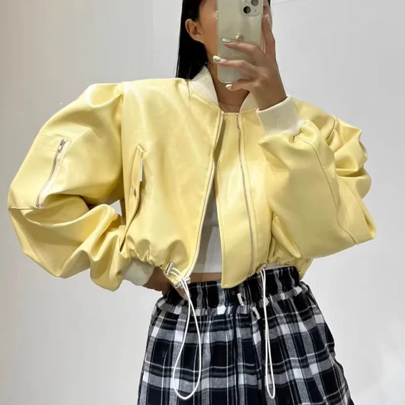 الأصفر بولي PU فو الجلود مثير اقتصاص سترات الربيع النساء 2025 موضة الوقوف كم طويل الرباط زمم موتور منفذها معاطف #2