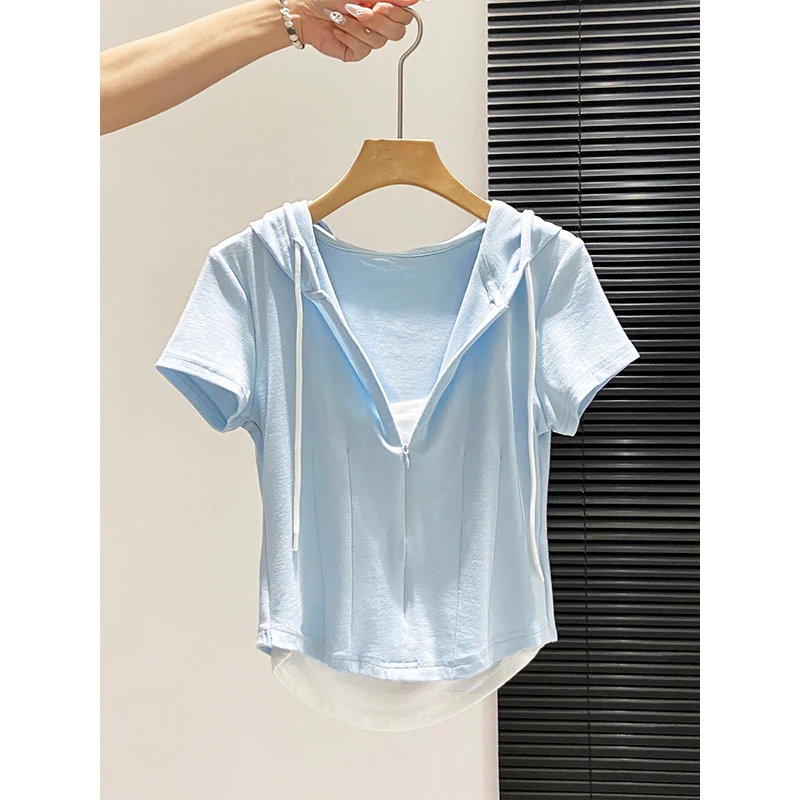 Women's Hooded Two-piece T-shirt, 2026 Summer New Style, Zipper, Fitted Waist, Slim-fitting, Regular Shoulder, Short Top