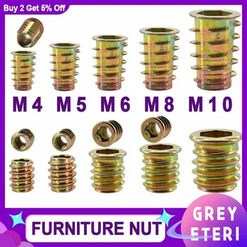 Liga de zinco Hex Drive Insert Nuts, Móveis Nut, Drive Head, Rosqueado para Madeira, Conector de Móveis, M4, M5, M6, M8, M10, 50Pcs, 100Pcs