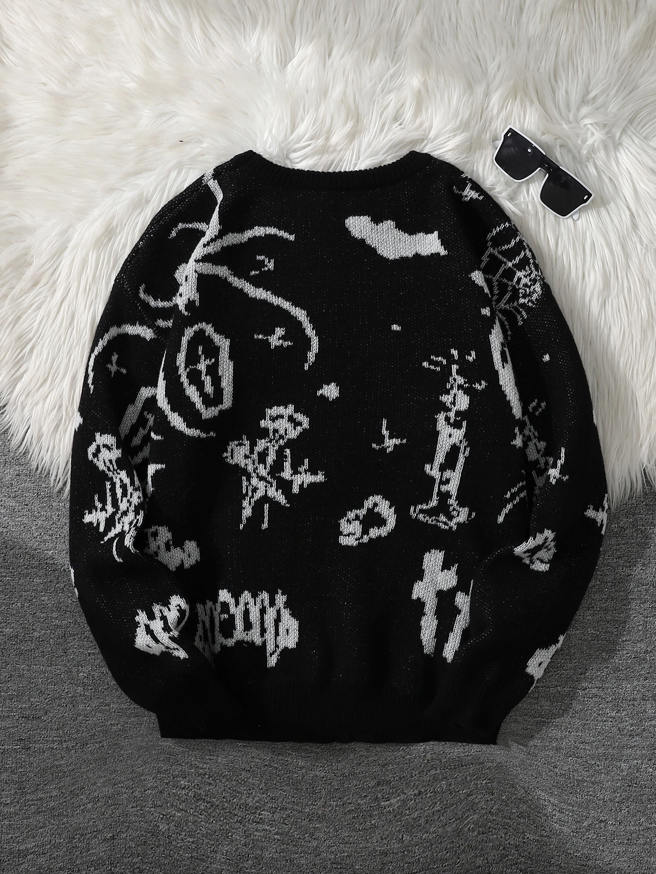 New Trendy Street Graffiti Jacquard Pattern Pullover Sweater, Casual Round-Neck Color-Block Knit Men's Pullover, Suitable for Everyday Wear, Unisex Top for Going Out, Regular Fit, Suitable for Autumn and Winter