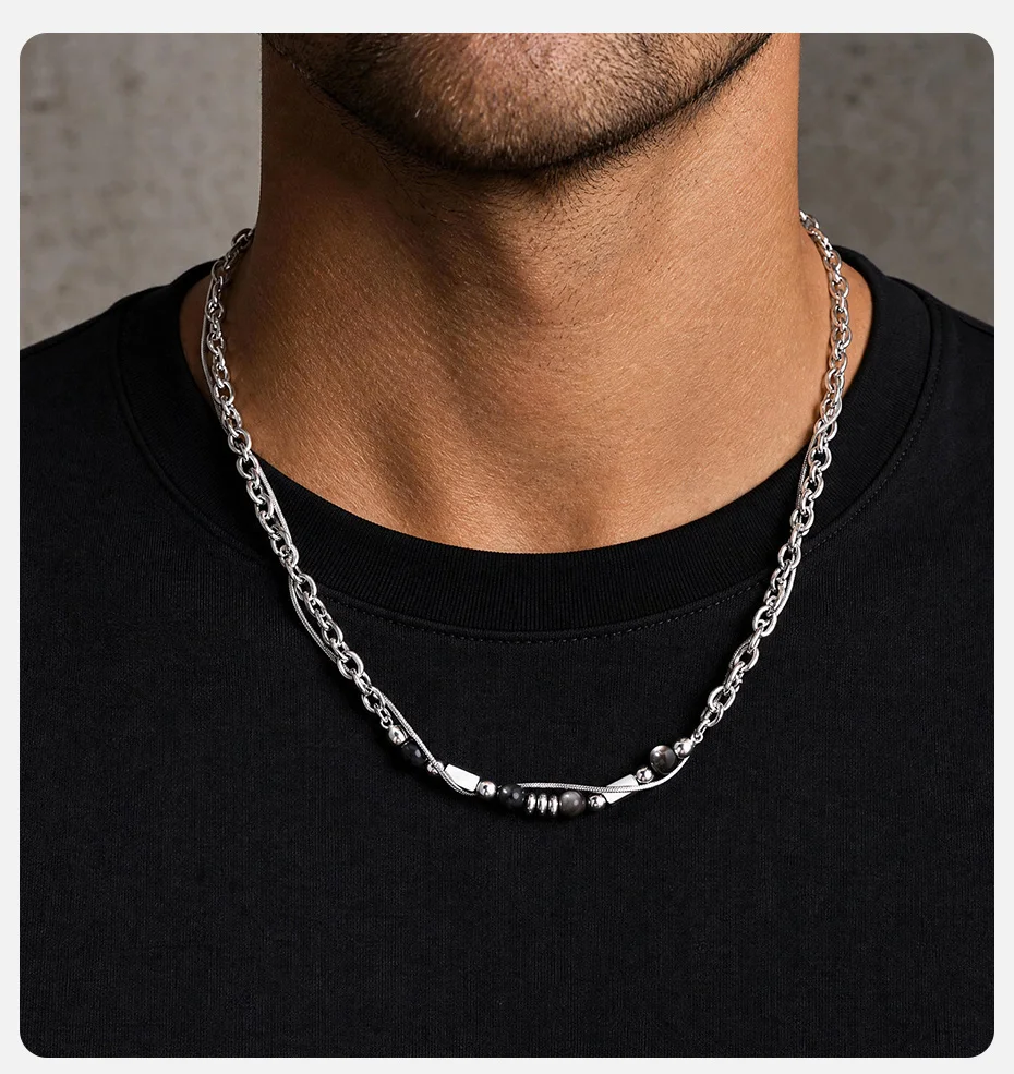 Vnox Figaro Doppelschichtige Kettenhalskette für Männer, Edelstahl Türkis Tigerauge Onyx Perlen Verstellbarer Hip-Hop Schmuck Geschenk – Detail 2