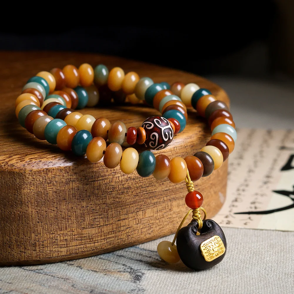 

Double Circle Bodhi Root Abacus Bead Bracelet with Agarwood Five Sutras Ruyi Lock for Meditation and Collection Gifts