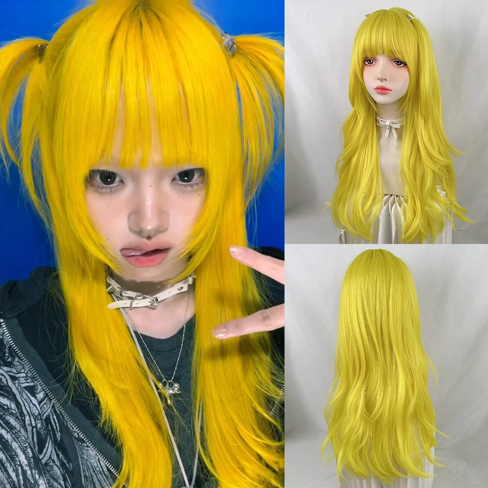

Long Straight Wavy Synthetic Wigs with Bangs Women Fluffy Lolita Cosplay Yellow Wig Heat Resistant for Daily Party