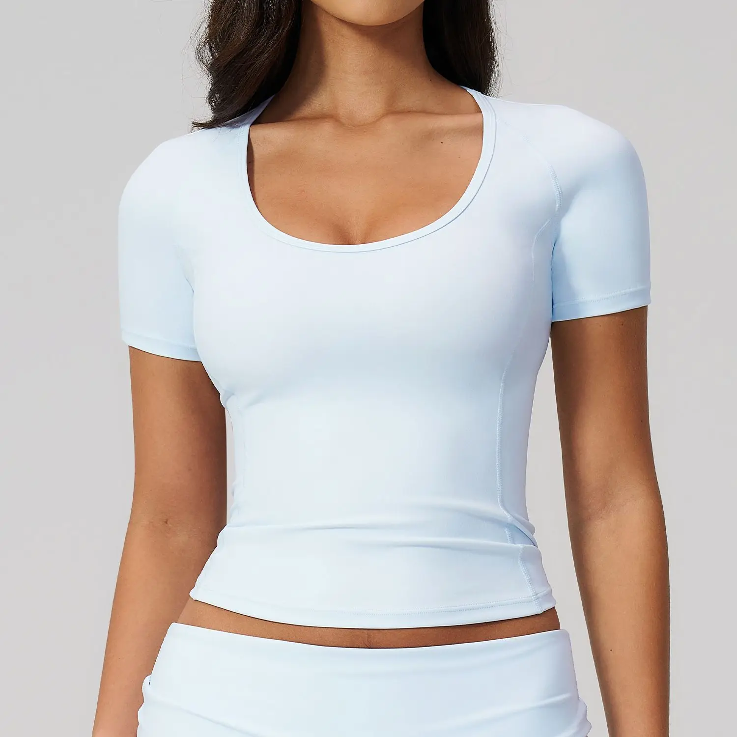 Premium Women's Short Sleeve Scoop Neck Workout Top Sculpting Athletic T-shirt with Built-in Bra Fixed Cups Seamless Gym Tee Si
