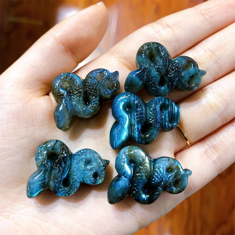 5pcs Natural Labradorite Snake Carving Healing Fengshui Lucky Stone Collection Home Decoration Birthday Gifts