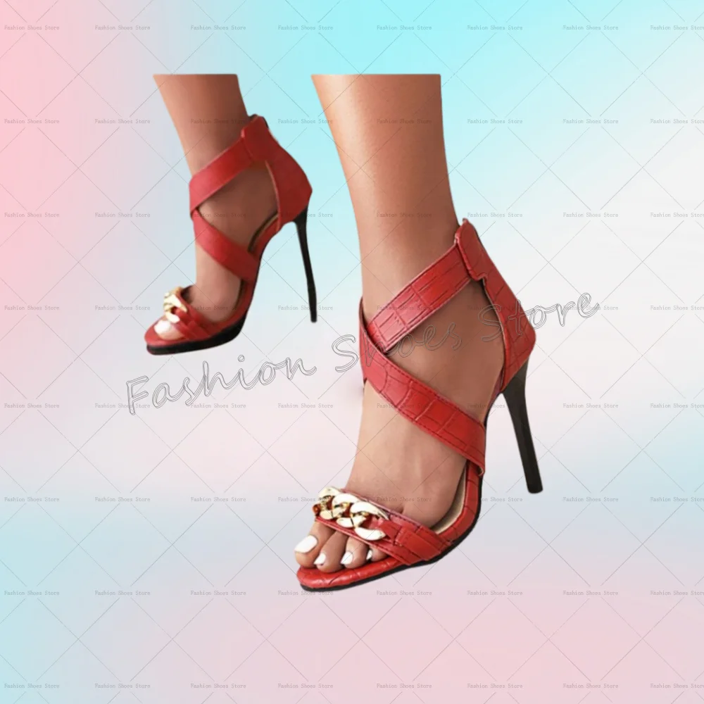 Red Cross Strap Chain Decor Sandals Back Zipper Women Shoes Stilettos High Heels Party Banquet Dating 2025 Zapatos Para Mujere