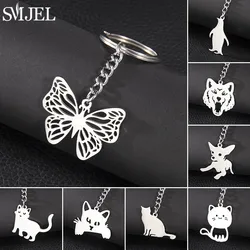 Fashion Animal Keychain Cartoon Butterfly Penguin Cat Dog Stainless Steel Key Chain Ring for Women Party Accessories Keyholder