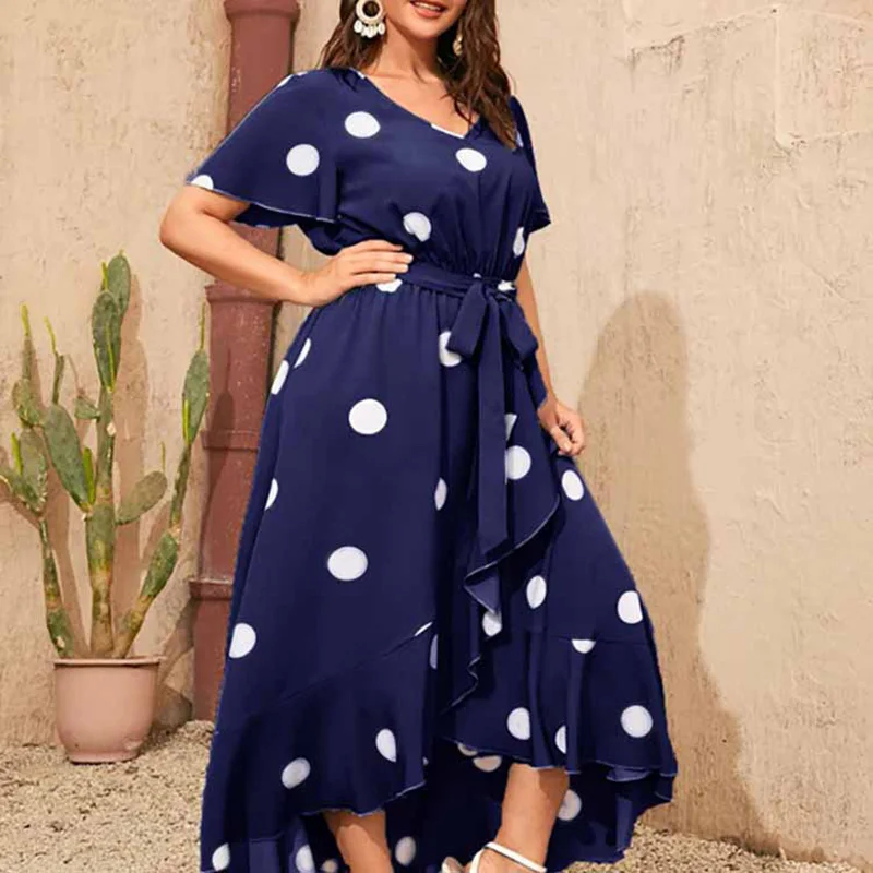 Polka Dot Simple Plus Size Dress Fashion Elastic Waist Print Temperament Skirt Women V Neck Tie Waist Floor Length Skirt 4XL