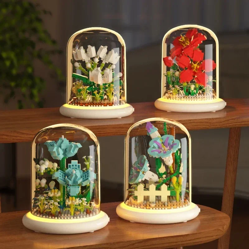 DIY Flower Building Blocks With Dust Cover Lights Eternal Life Flowers Series Home Decor Mini Assembling Puzzle Toys Kids Gifts