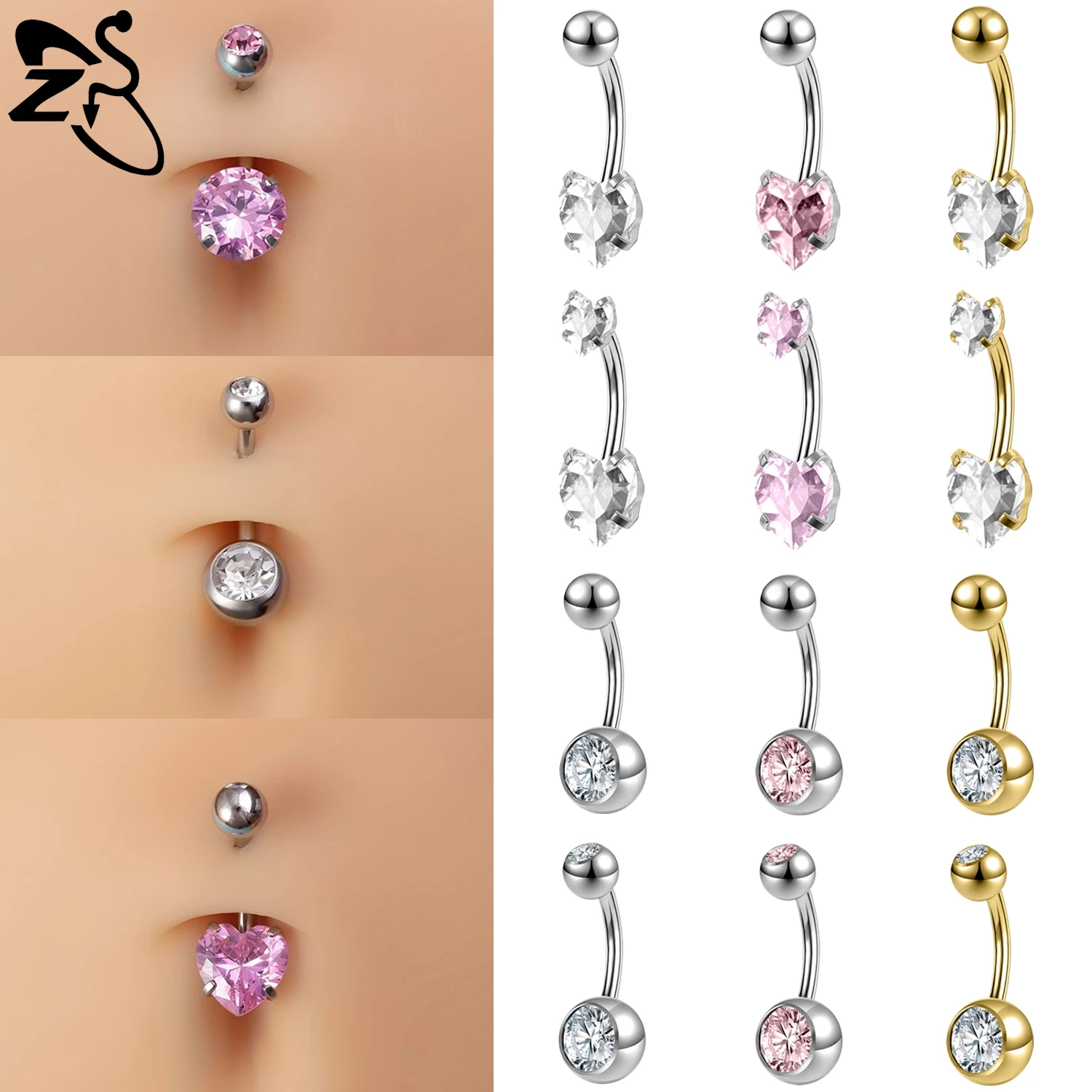 ZS 1 Piece 14G Stainless Steel Belly Button Ring 6/8/10/12MM Curve Navel Rings CZ Crystal Belly Piercing Body Piercings Jewelry