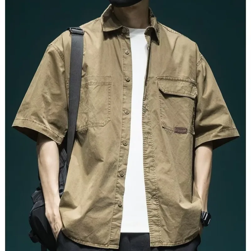 Men's Summer New Style Washed Short Sleeved Shirt American Loose Big Pockets Stand-Up Collar Shirts For Men Clothing