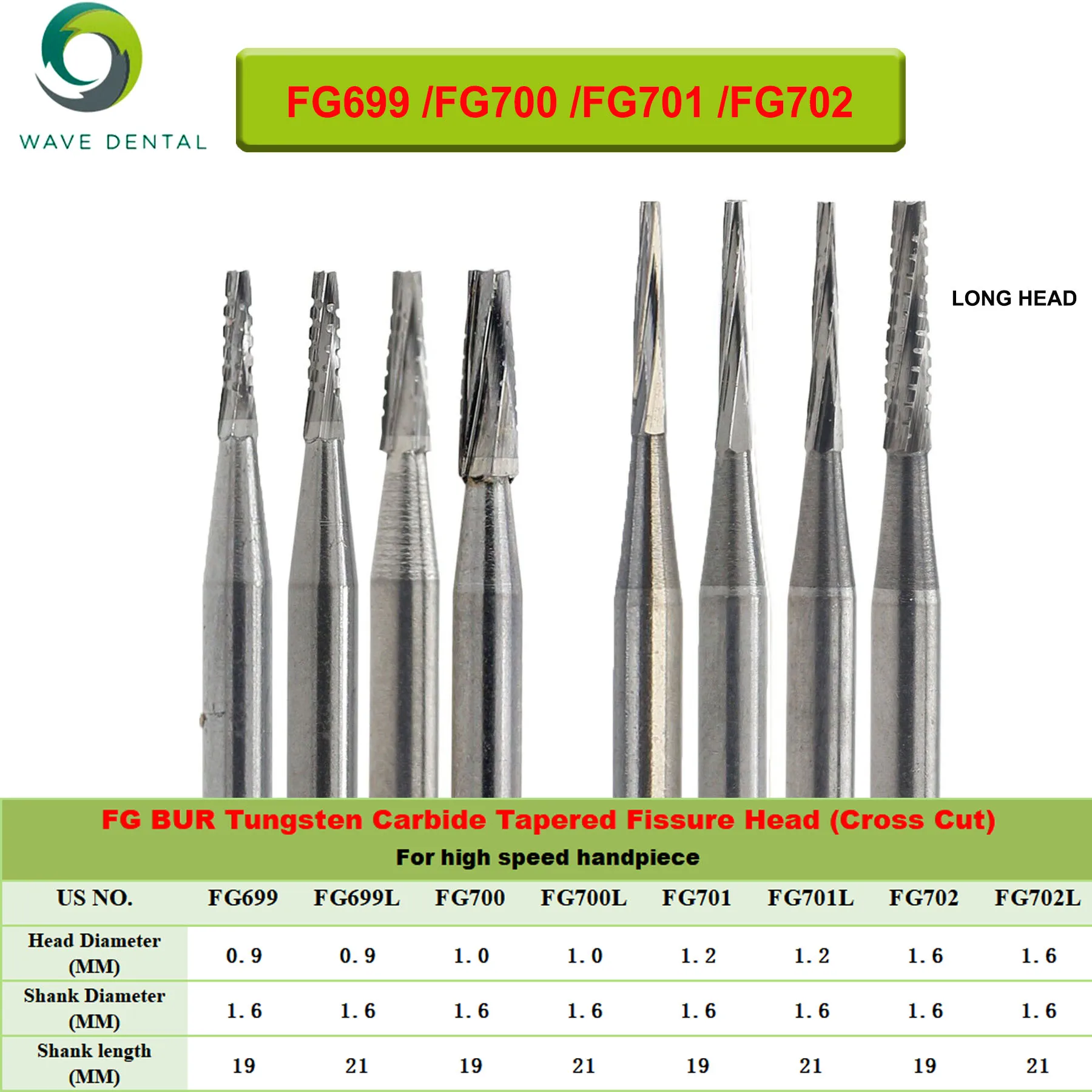 

PRIMA WAVE Dental Carbide Burs Dentistry Drill Tapered Fissure Cross Cut Long Head FG 19/21mm For High Speed Turbine Handpiece