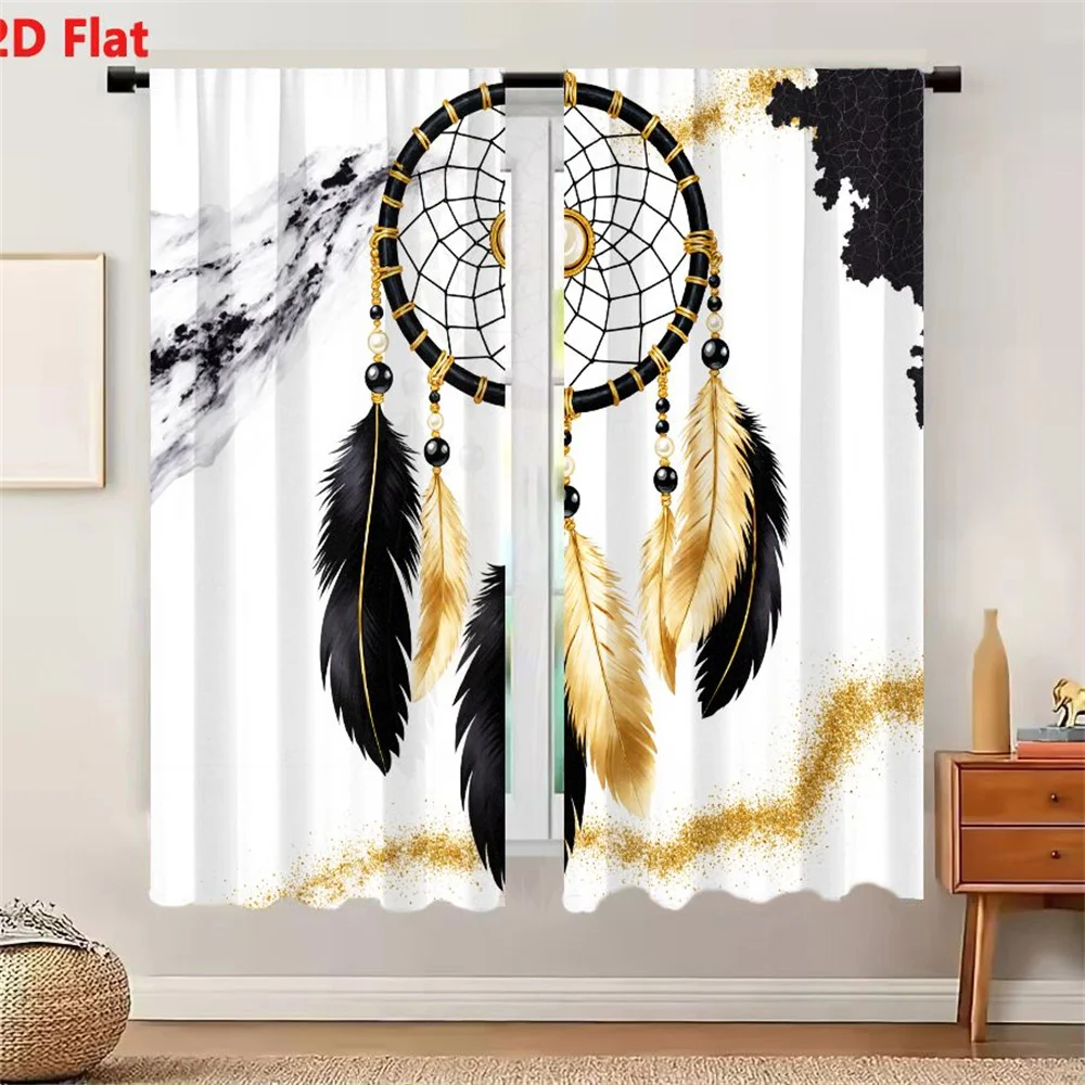 2Pcs Curtains 2D Flat Black And Gold Dreamcatcher With Black Beads Gold Accents Central White Pearl Intricate Black Web Black Go