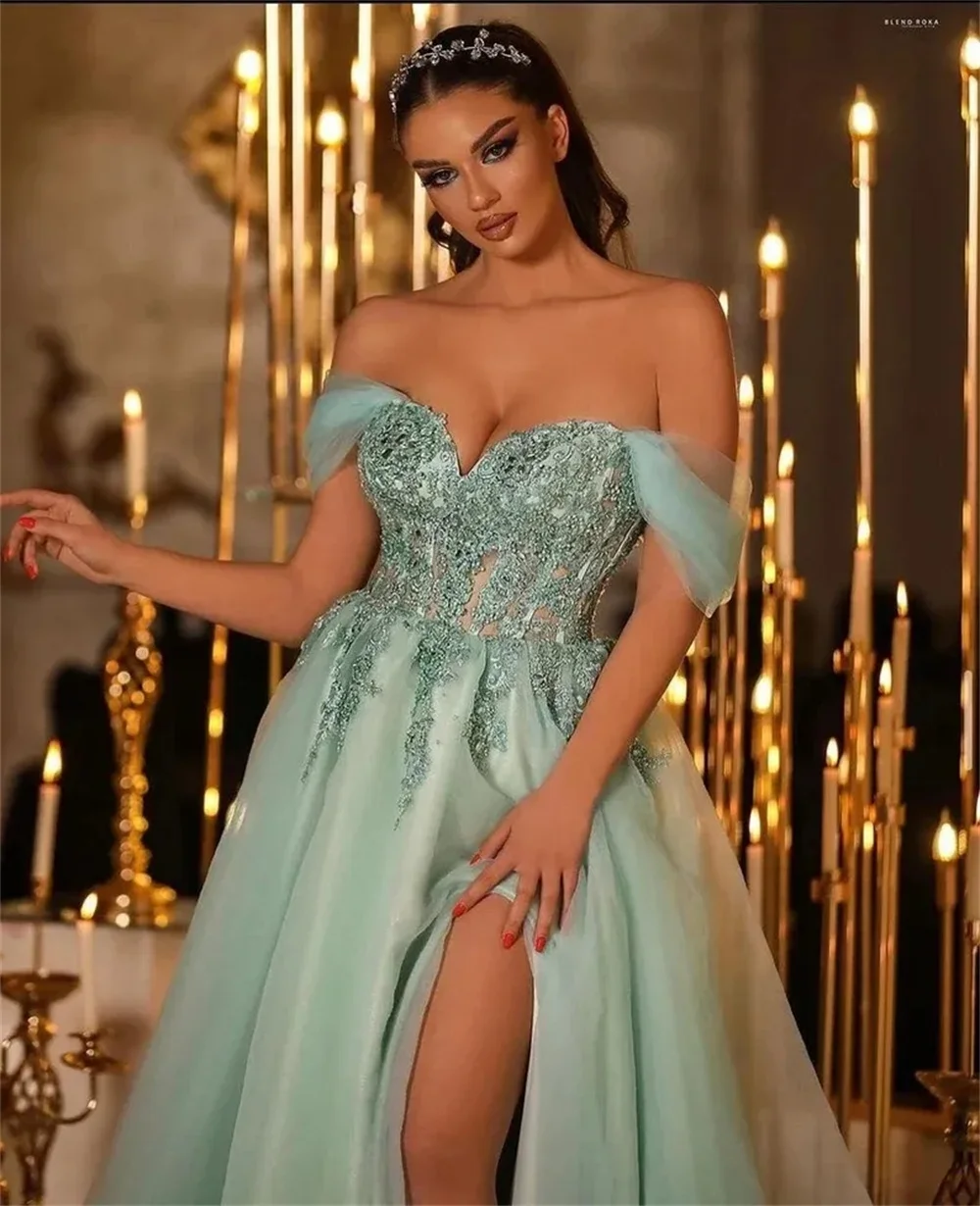 Cathy Dusty Green Lace Appliques Prom Dresses A-line Tulle فساتين السهرة Off the Shoulder Sexy Side High Split Vestidos De Noche