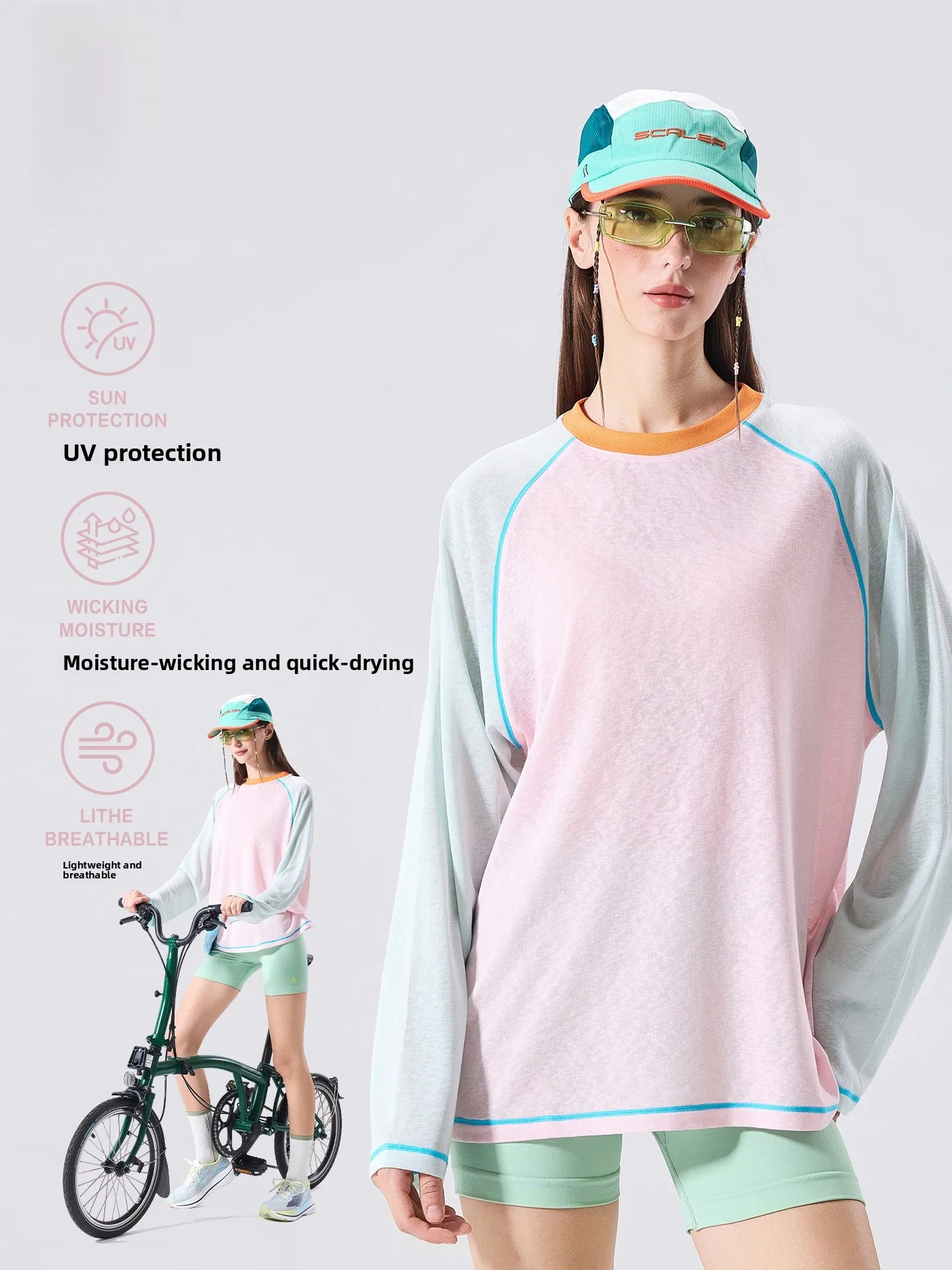 LAZY DAY Outdoor Lightweight Breathable Long Sleeve T-Shirt Women's Summer Hiking Casual Color Block Cool Feeling Top