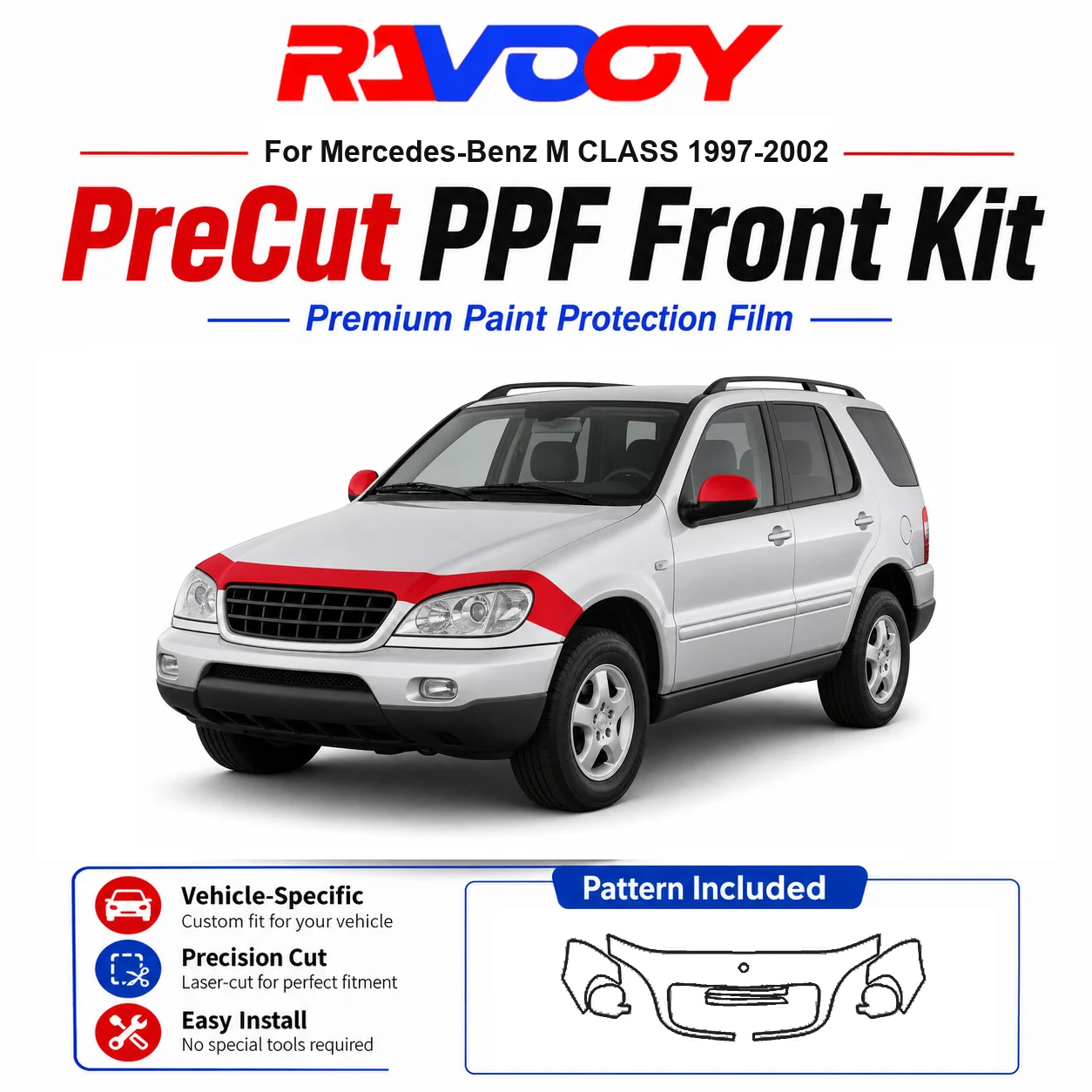 

8.5mil TPU Precut PPF Kit For Mercedes-Benz M CLASS 1997-2002 - Hood, Fenders & Mirror Set - Self-Healing Clear Bra Film