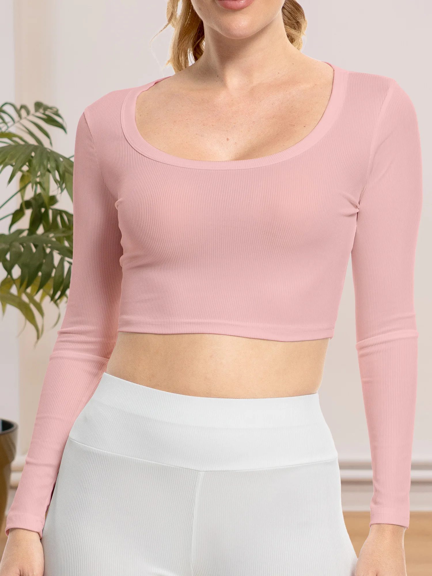 

Футболка с длинным рукавом, Женская ребристая облегающая Повседневная футболка, простой однотонный топ с женской одеждой