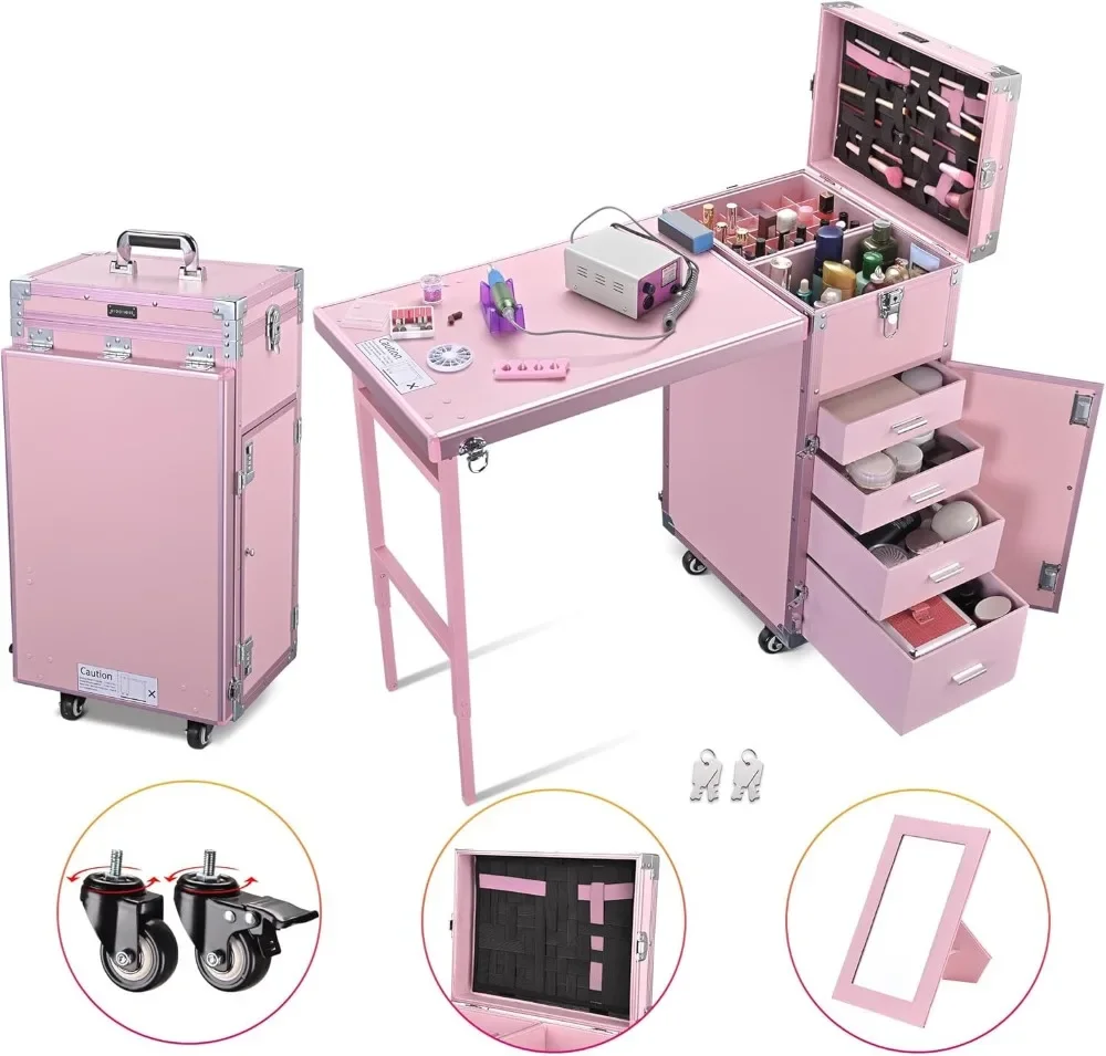 Rolling Manicure Table Foldable Nail Table Makeup Train Case with Desk Cosmetic Trolley Travel Storage Organizer