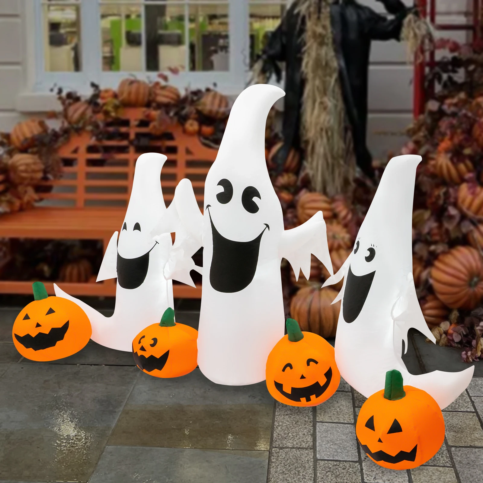 Dekoracje Halloweenowe dmuchane 3 LED Duchy 4 Dynie Zewnętrzne Wewnętrzne Podwórko Trawnik Ogród Impreza Dekoracja na Halloween