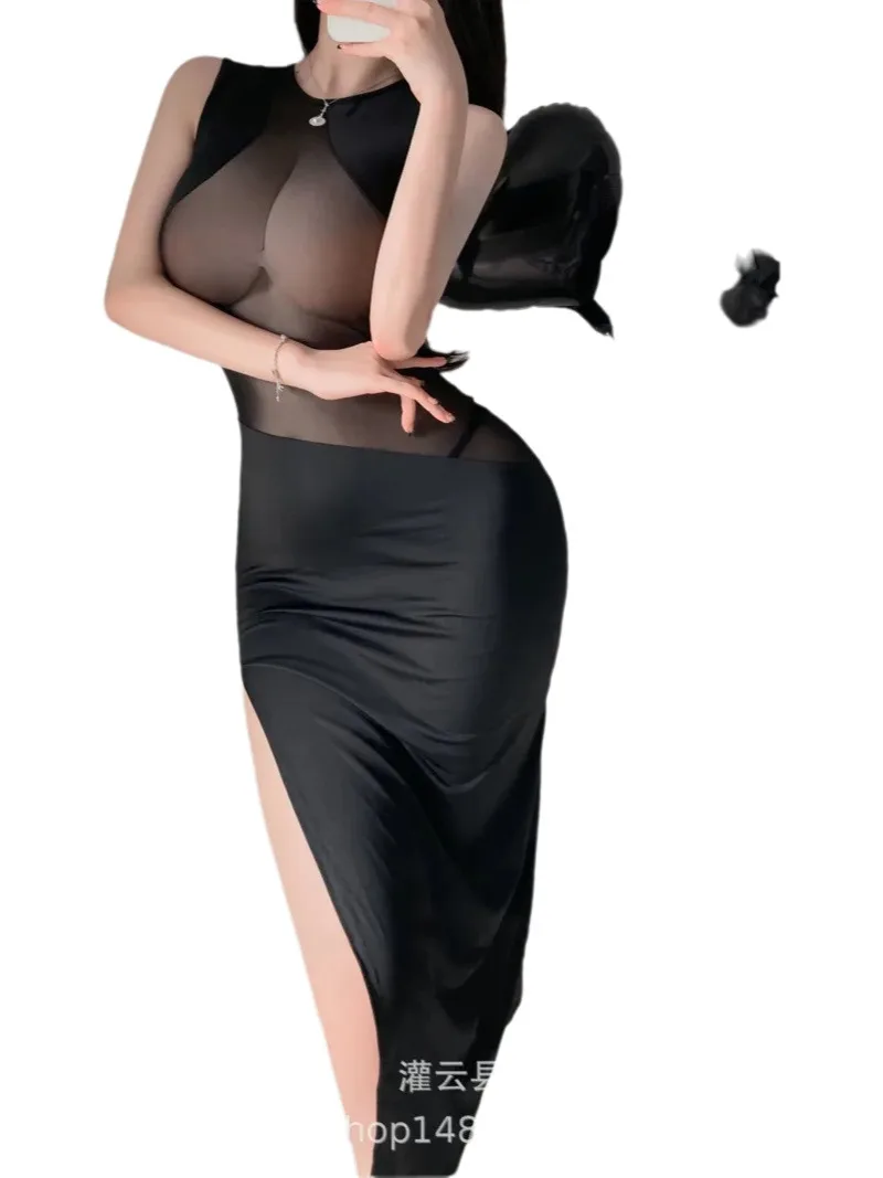 New Style Gauze Breathable Passion Erotic Elegant Fun Sexy Tight Fitting Slit Hollowed Out Long Dress Sheath Nightclub 2NPM