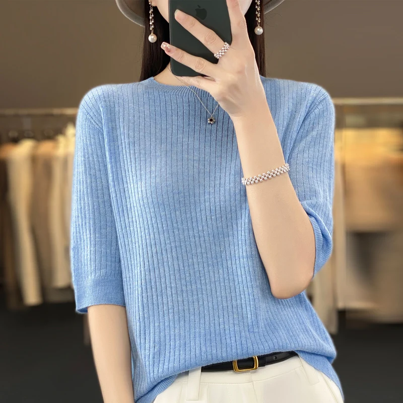 Women's Summer Short Sleeve Fine Imitation Seamless Wool Knit Slim Fit Pullover Half Sleeve Thin Sweater Tank Tops T-shirt Basic