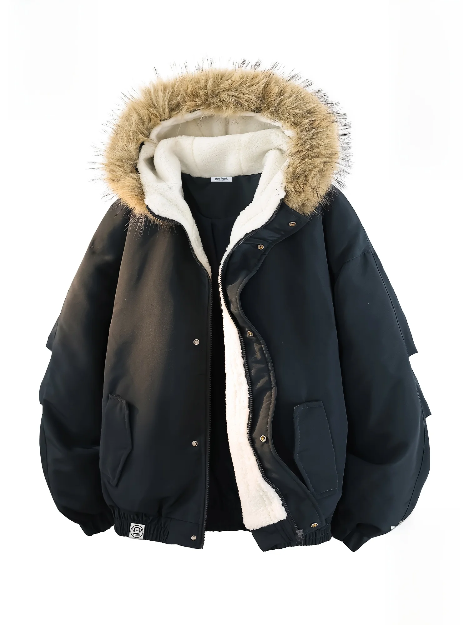 

Мужская зимняя куртка Paul Frank Monkey с капюшоном, утепленная флисом, в американском ретро-стиле, с меховым воротником