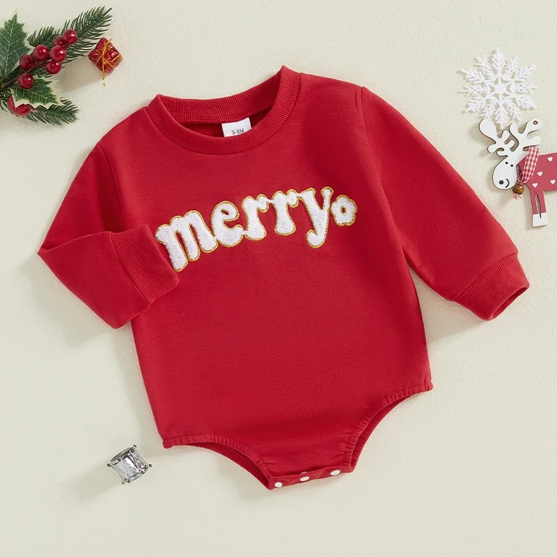 Baby Girl Xmas Romper Letter Embroidery Long Sleeve Sweatshirt Jumpsuit Newborn Clothes Christmas