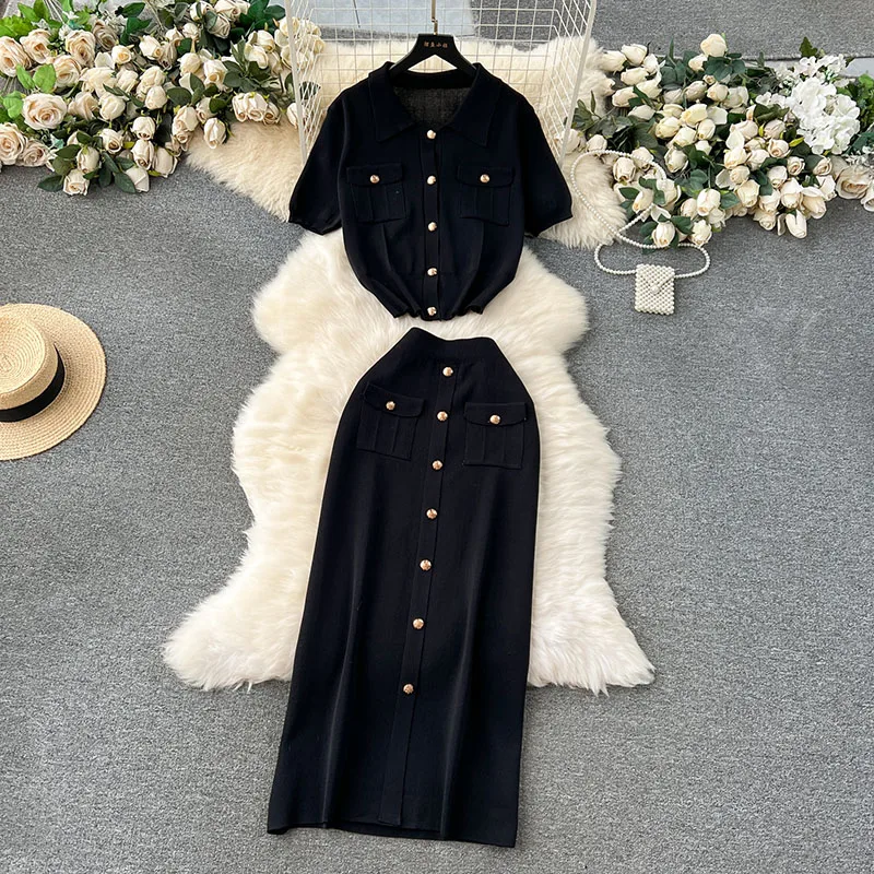 Two Piece Skirt Set Women Knitted Sets Fashion ButtonShort Sleeve T SHIRT+Knitted Camis Dress Sets Fashion Summer Suits