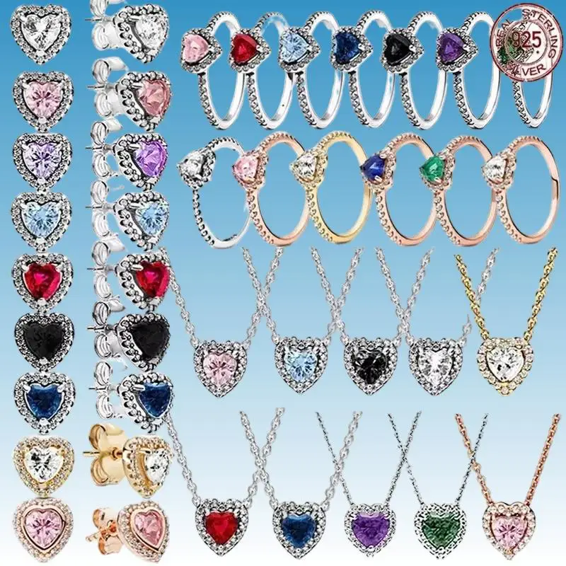 

925 sterling silver heart-shaped set, high-quality charm zircon colored ring necklace earring set, fashionable women's jewelry