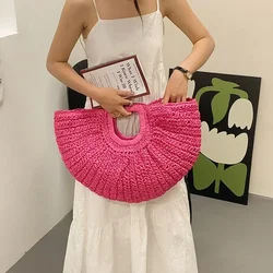 Ladies Bags 2024 Summer Handmade Bags for Women Beach Weaving Ladies Straw Bag Wrapped Beach Bag Moon Shaped Top Handle Handbags