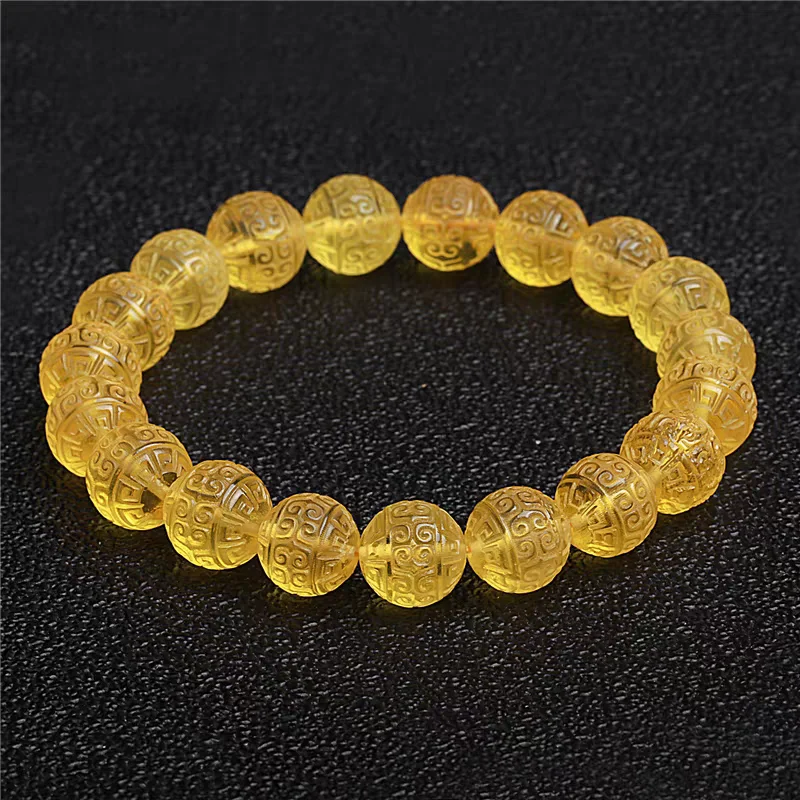 

Natural Yellow Amber Carved Clear Round Beads Bracele 8mm Women Healing Stretch Gold Crystal Amber Jewelry AAAAA