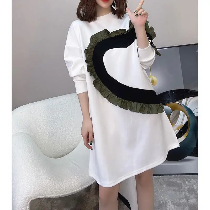 Design Sense Contrasting Colors Heart-shaped Ruffle Edge Splicing T-shirt Dress Women's Autumn European Goods New Short Dresses