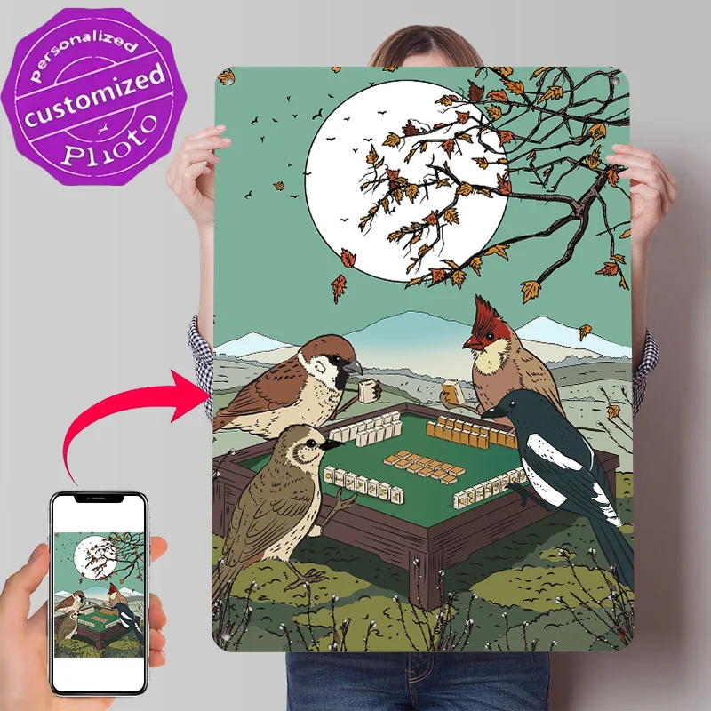 Birds Playing Mahjong Under the Moon Printed Poster Customized Wall Art Retro Vintage Metal Tin Signs for Modern Home Decoration