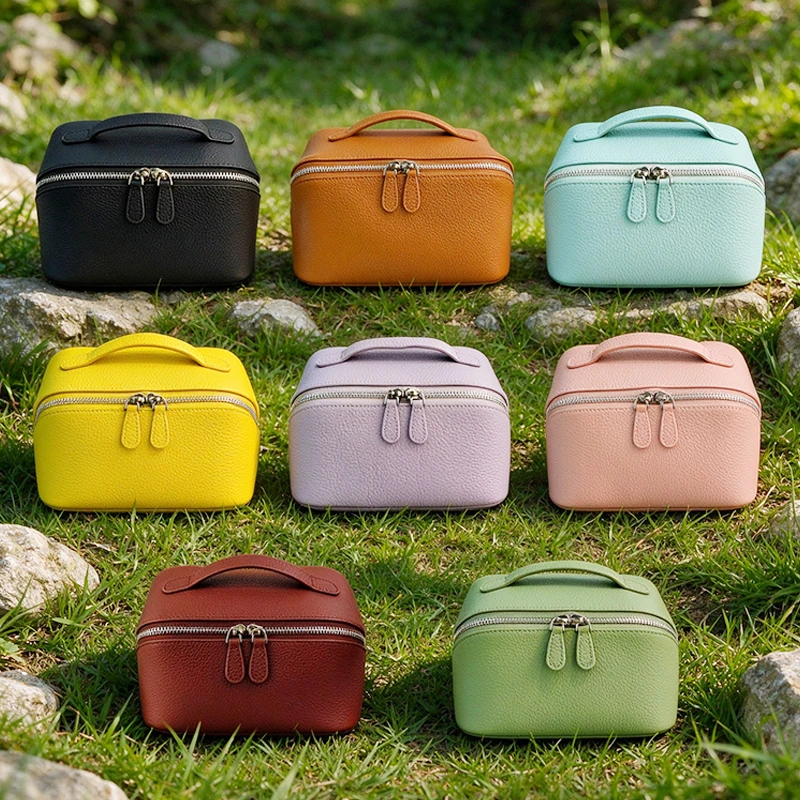 Genuine Leather Cosmetic Bag New Design Mmultifunctional Travel Toiletry Portable Simple Women Organizer Cowhide Makeup Handbag