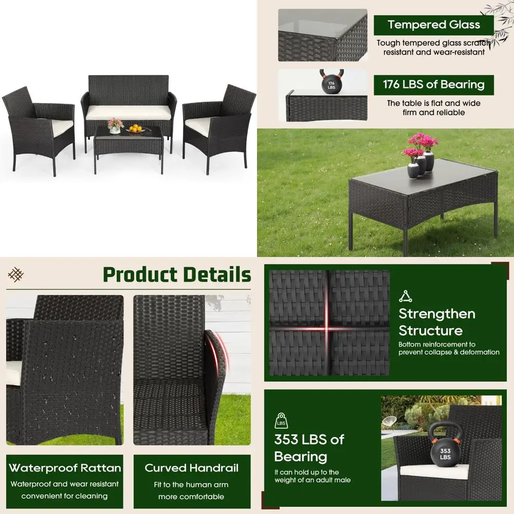 

4-Piece Outdoor Wicker Furniture Set with Coffee Table - Modern Rattan Chairs Conversation Area