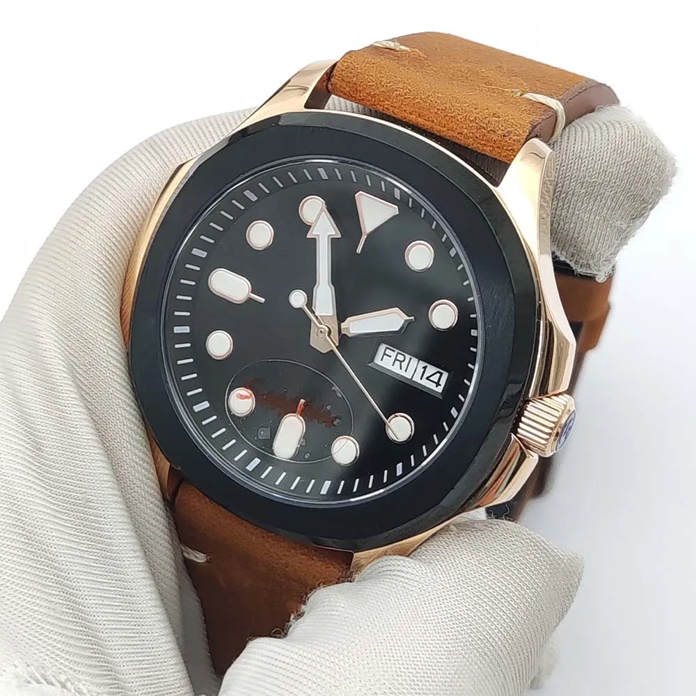 40mm NH36 Movement Gose Gold Case Automatic Men Watch Sapphire Glass Green Luminous Dial Leather Strap Mechanical Watch