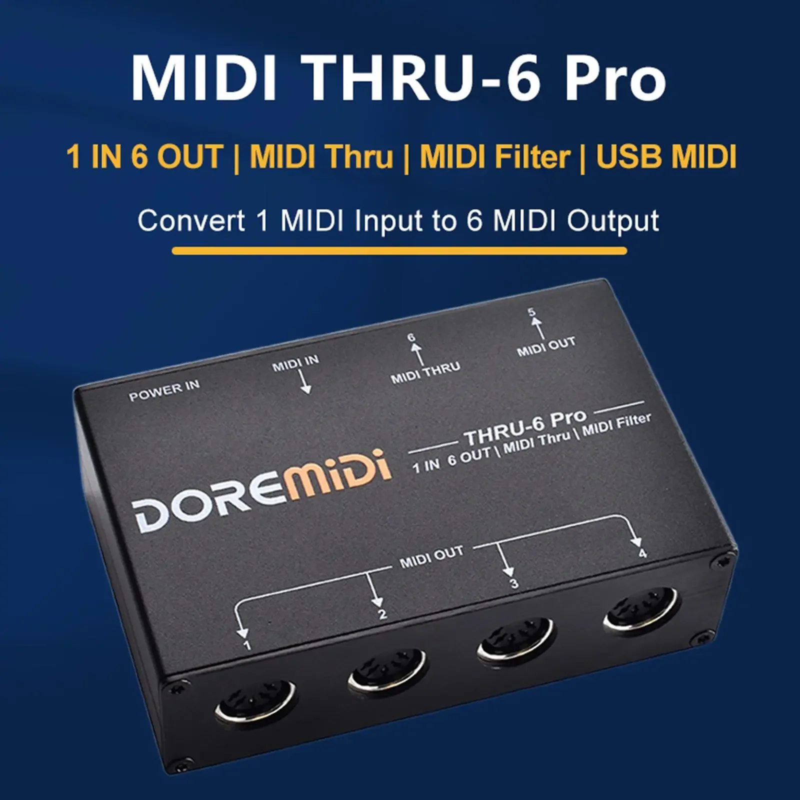 Midi Spliter Thru Box 1-In/6-Out W/ Channel Filtering - Usb Daw Integration, Sysex/cc/clock Support for Pc Music Production