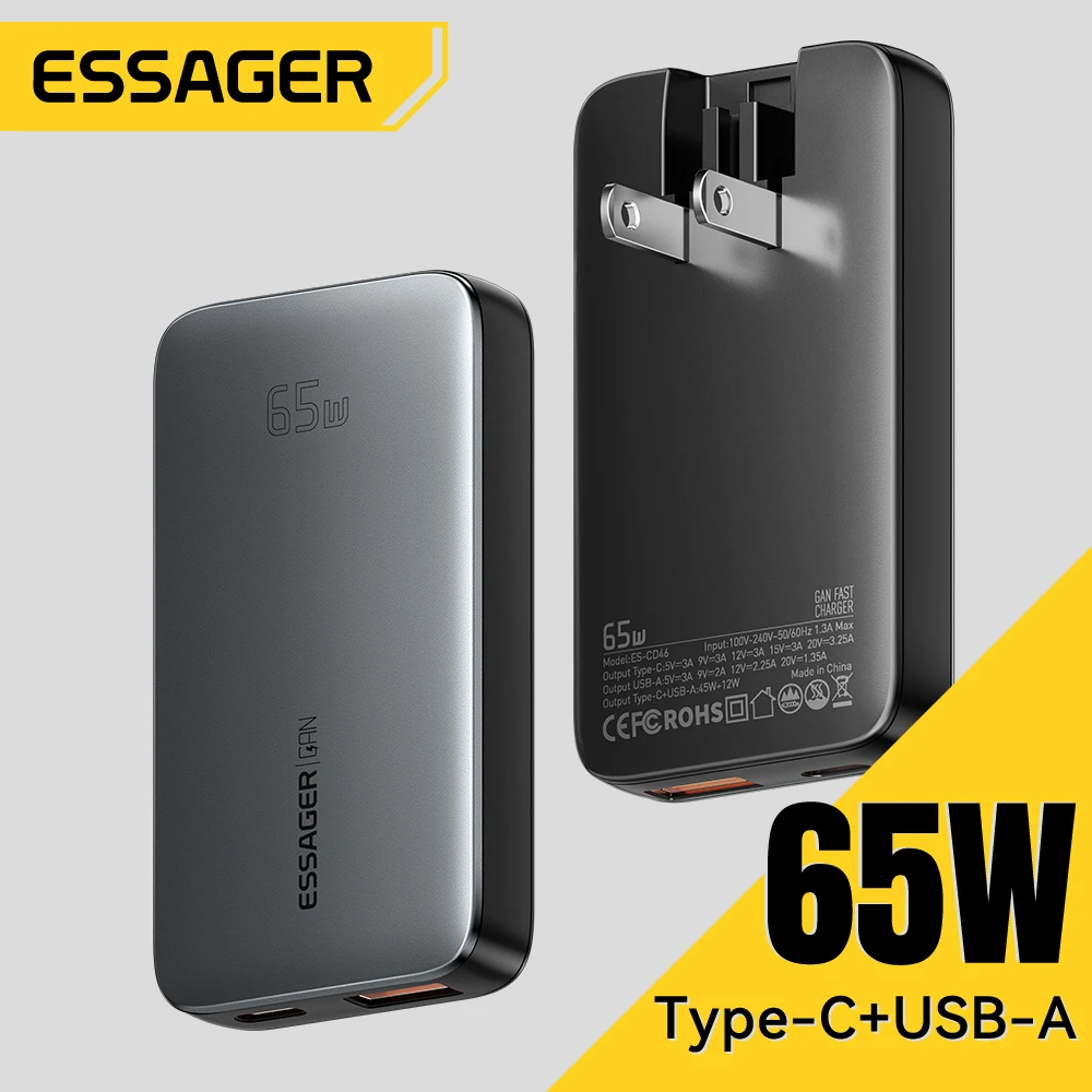 Essager 65W GaN Ultra-thin Charger Fast Charging QC4.0 Type C PD USB Charger Portable Travel for iPhone 16 15 14 Huawei Xiaomi