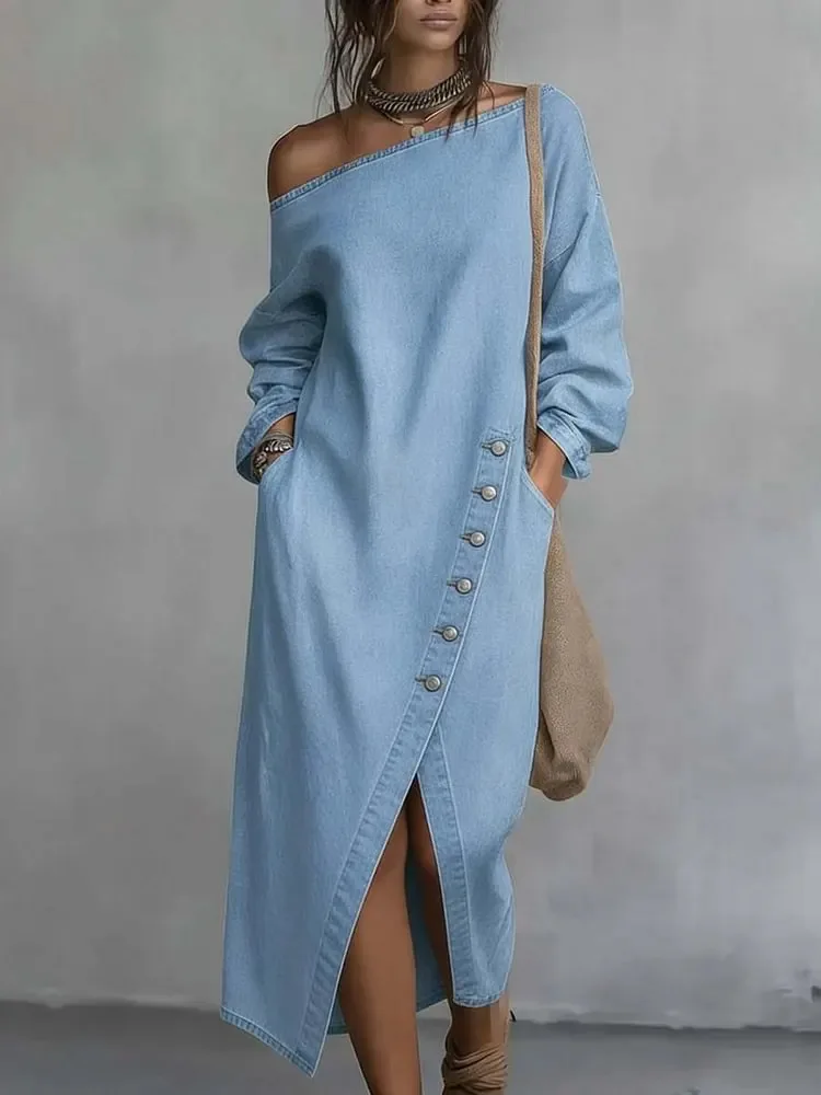 2026 New Autumn Winter Women Denim Dress Asymmetric Neck Long Sleeve Pocketed Button Decor Slit Hem Casual Fashion Long Dress - view 3
