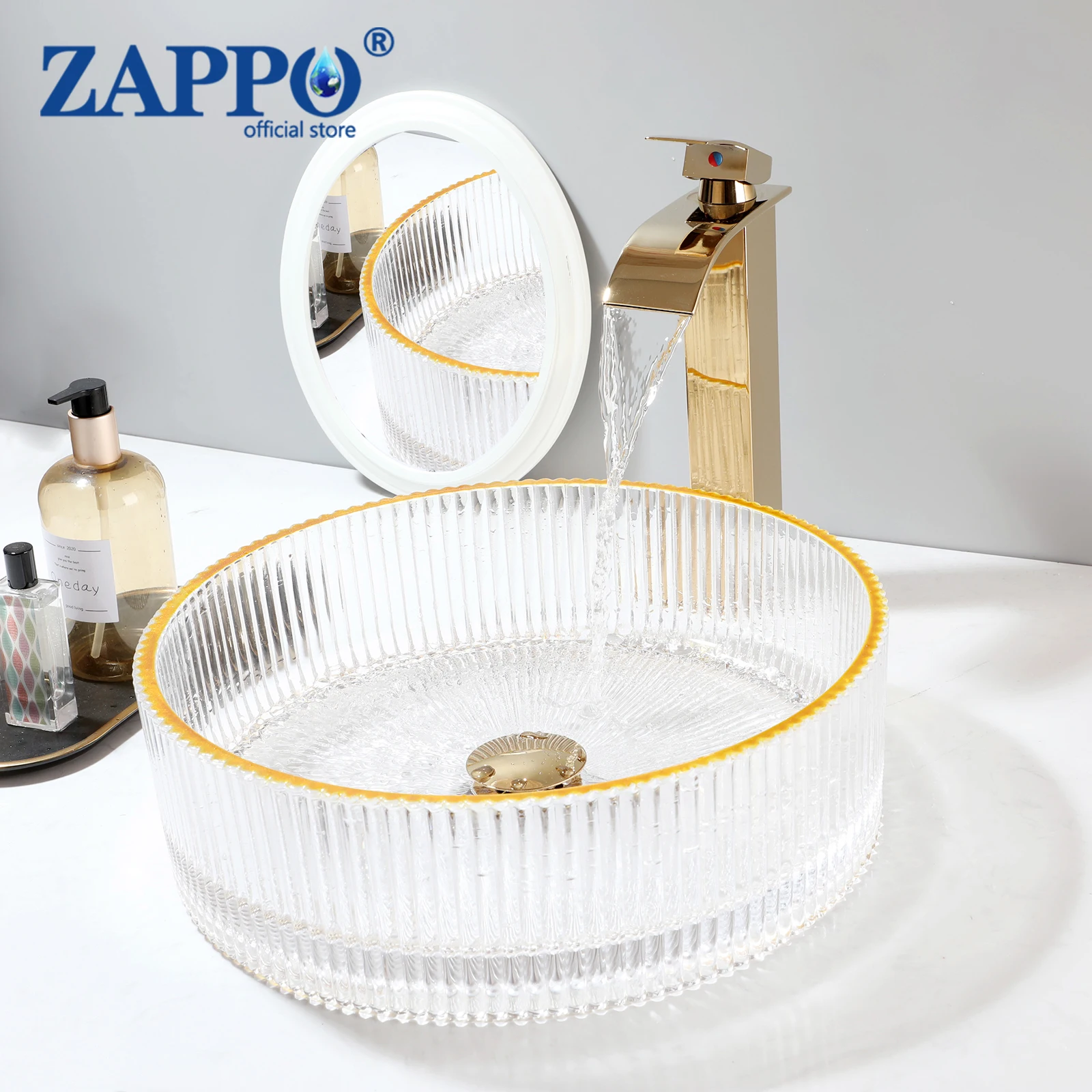 ZAPPO Bathroom Vessel Sink Stripe Glass Vessel Sink Faucet Tap Combo Countertop Bowl Sink for Bathroom Hotel Deck Mount Sinks